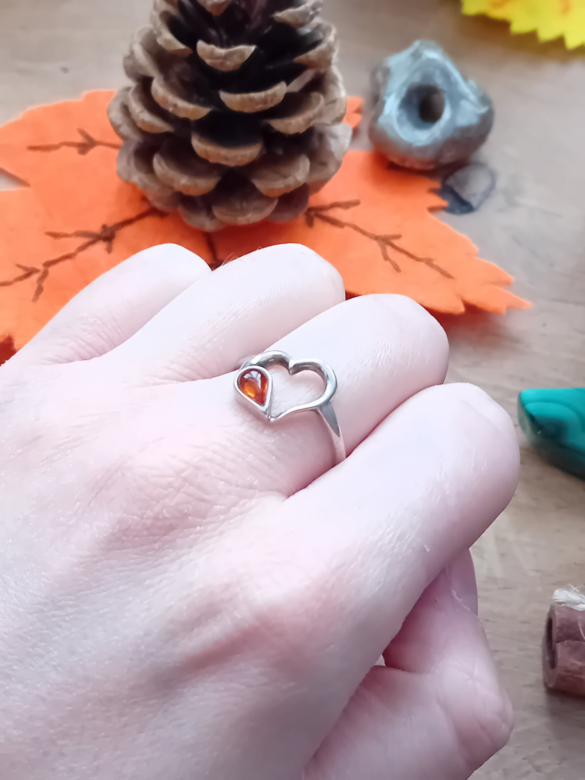 Sterling Silver Amber Heart Ring Size Q