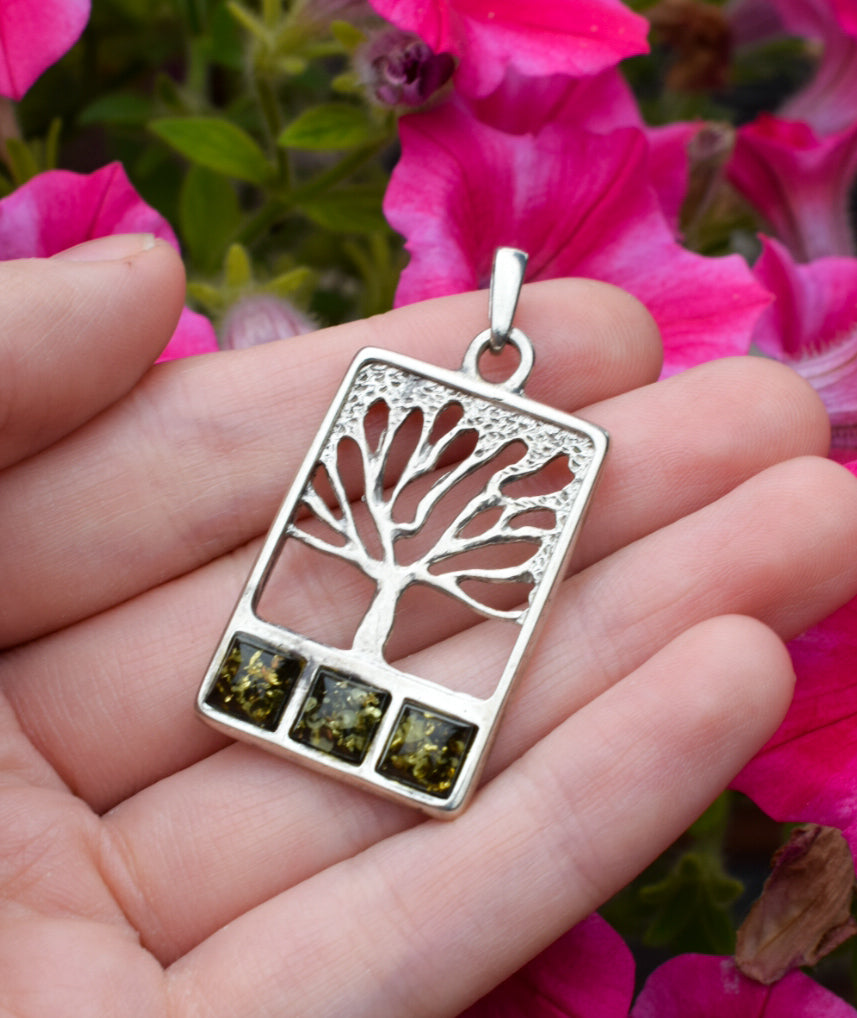 Green Amber Tree of Life Necklace