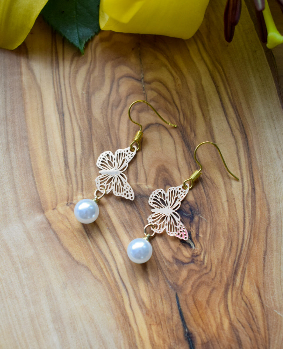 Gold Butterfly Pearl Earrings