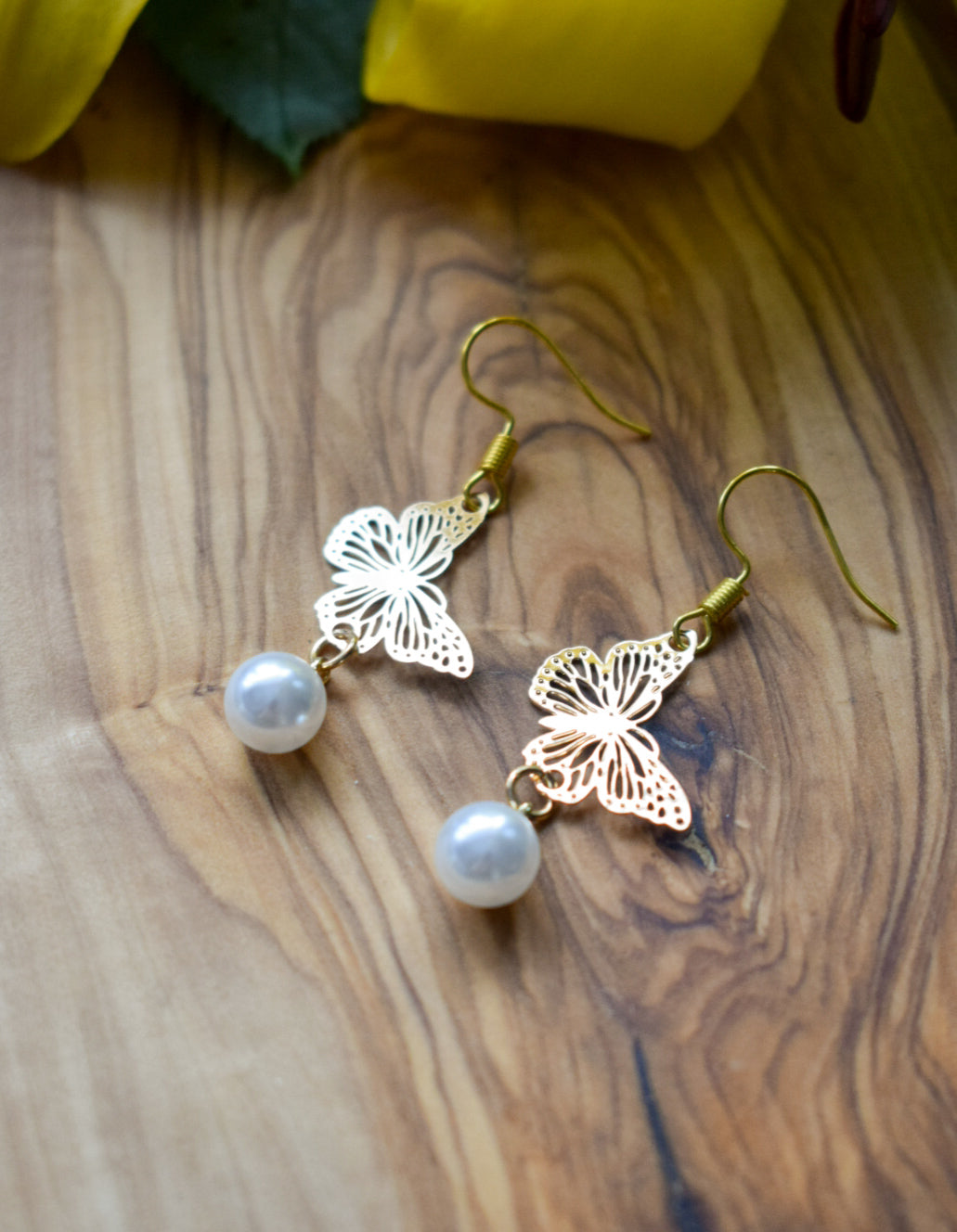 Gold Butterfly Pearl Earrings