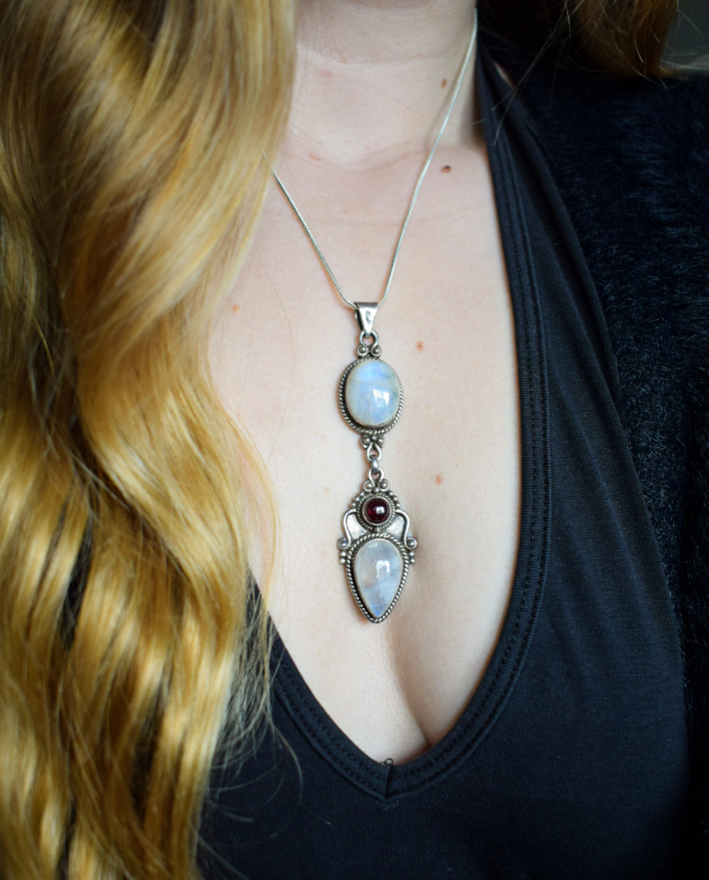 Large Moonstone and Garnet Necklace