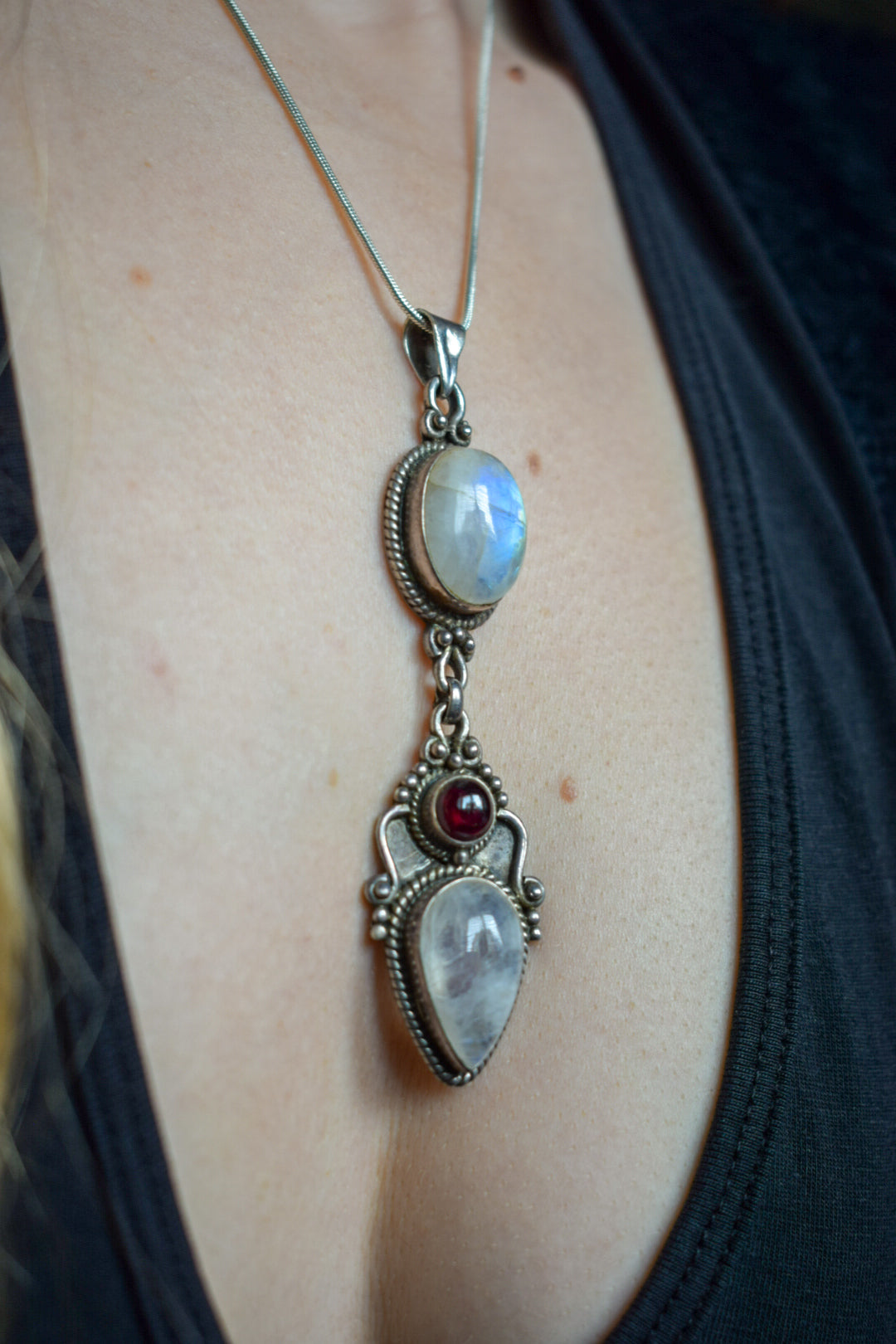 Large Moonstone and Garnet Necklace
