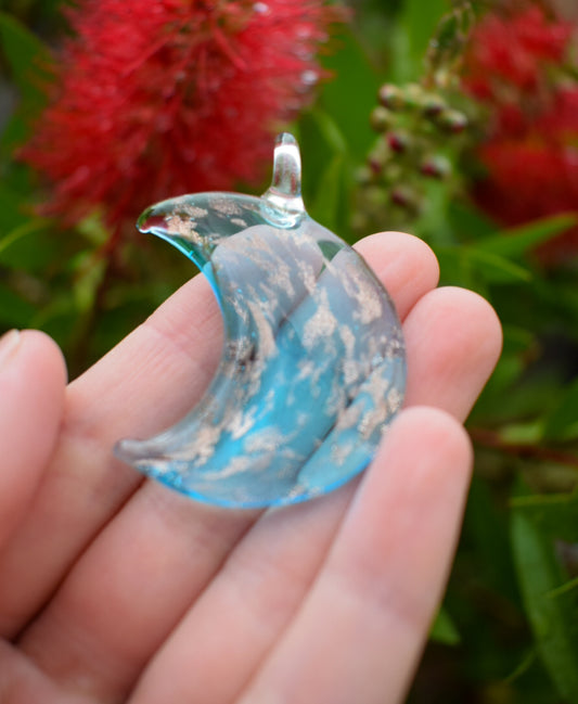 Blue Glass Crescent Moon Pendant