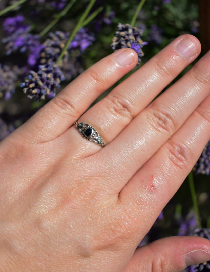Black Enamel Sterling Silver Ring Size L