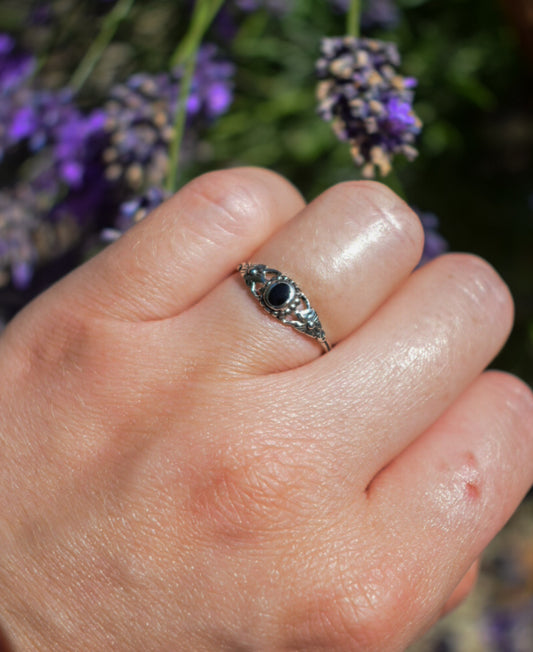 Black Enamel Sterling Silver Ring Size L