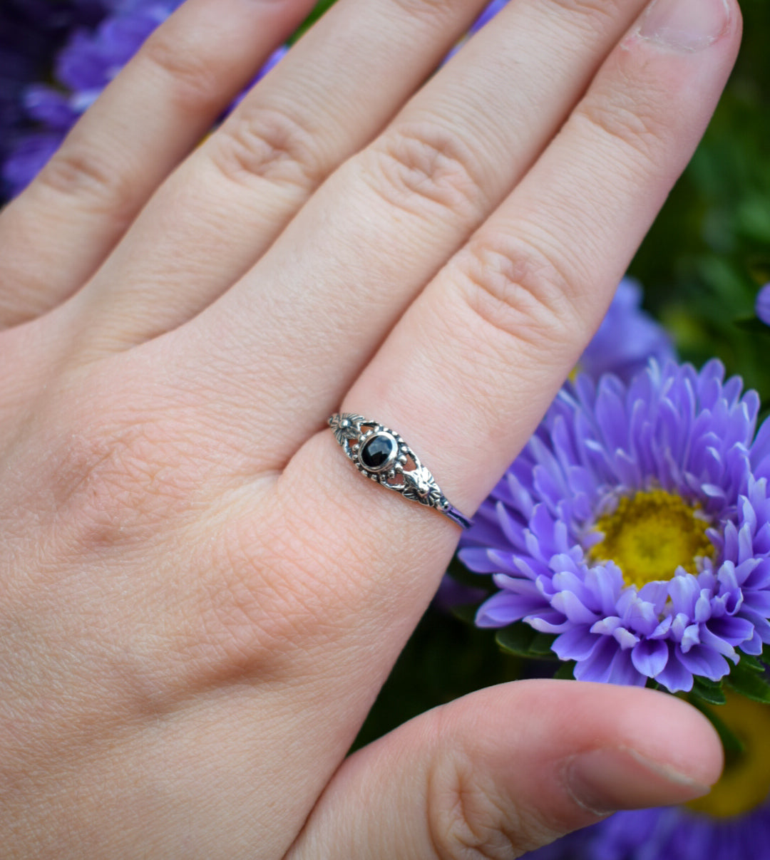 Sterling Silver Black Enamel Ring Size O