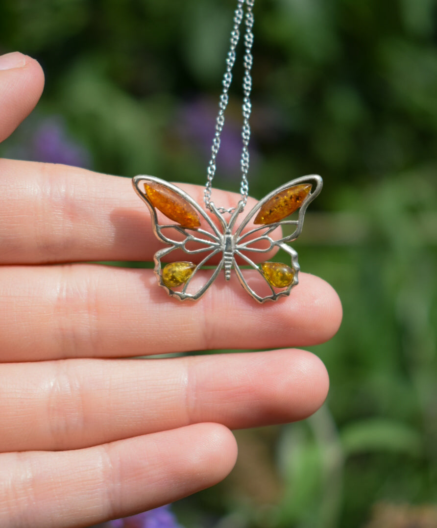 Vintage Amber Butterfly Necklace