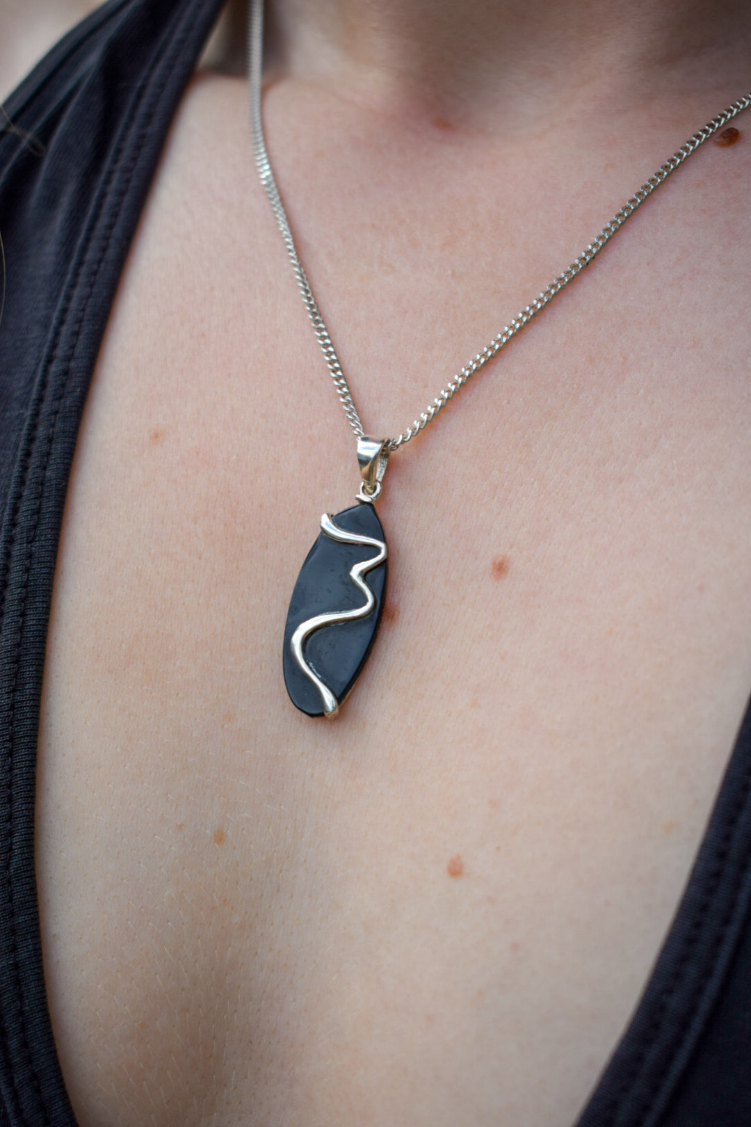 Silver Black Enamel Necklace