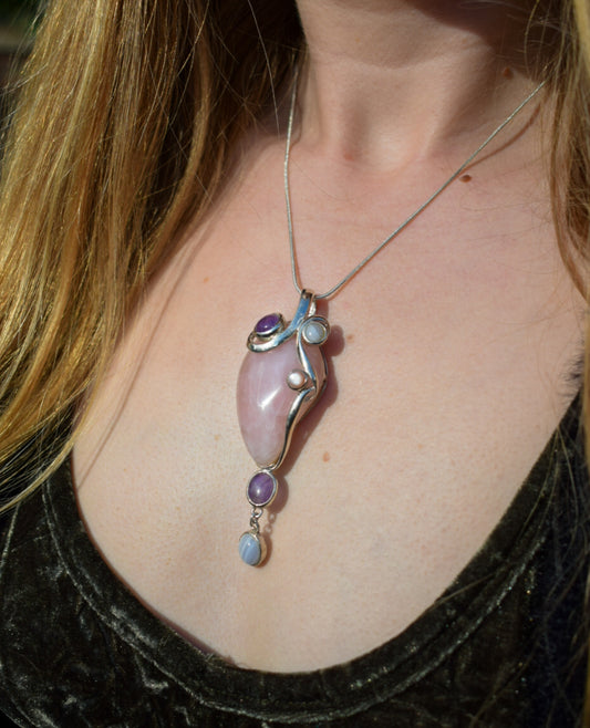Large Rose Quartz and Amethyst Necklace