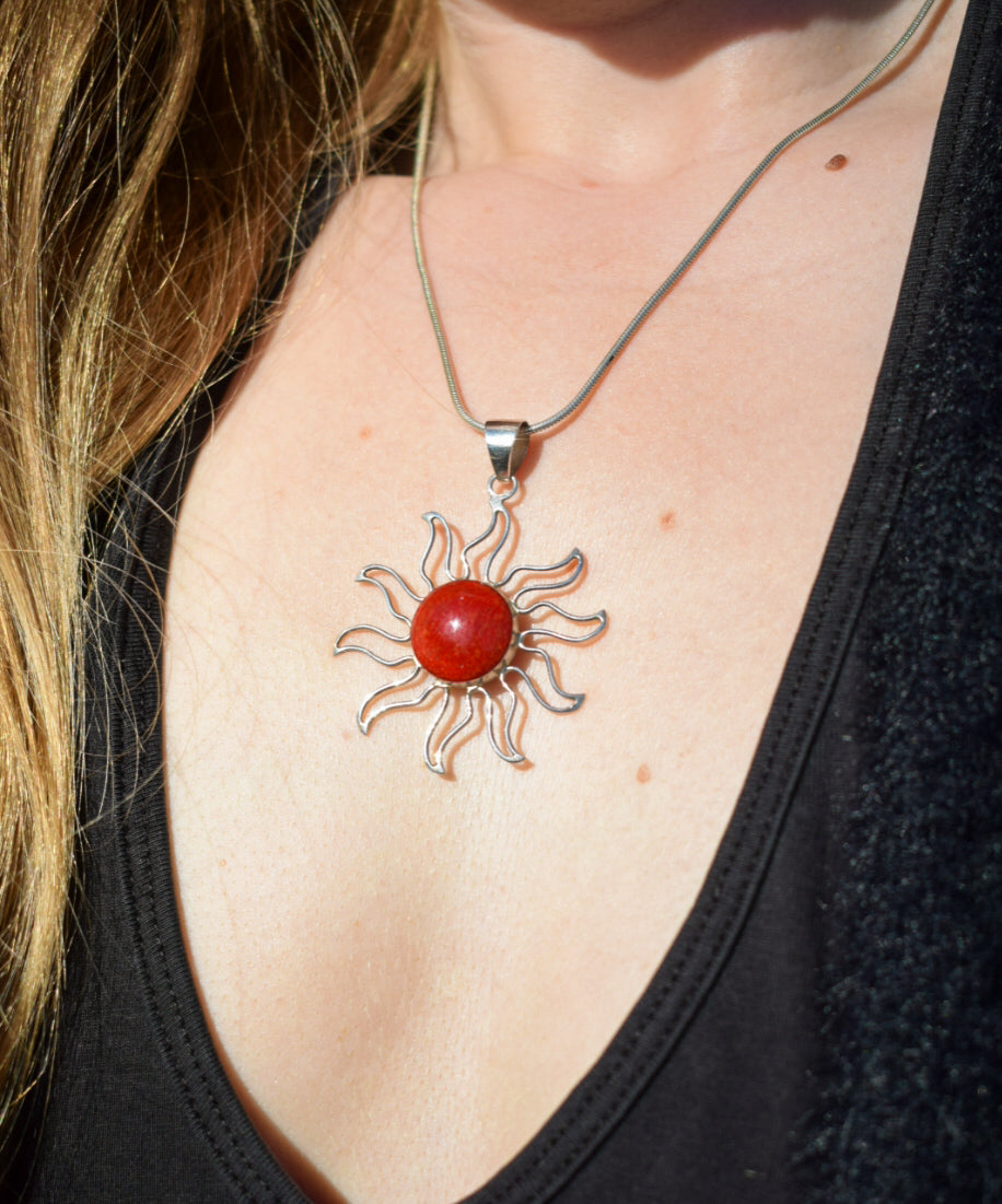Sterling Silver Coral Sun Necklace