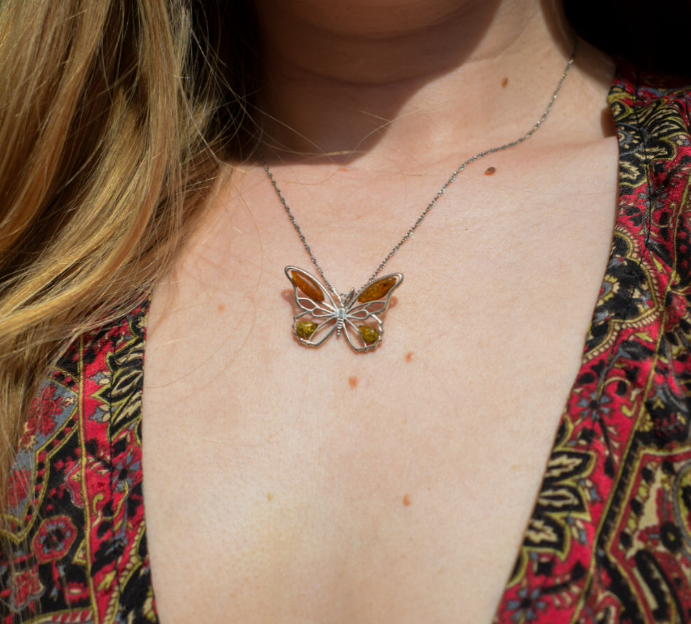 Vintage Amber Butterfly Necklace
