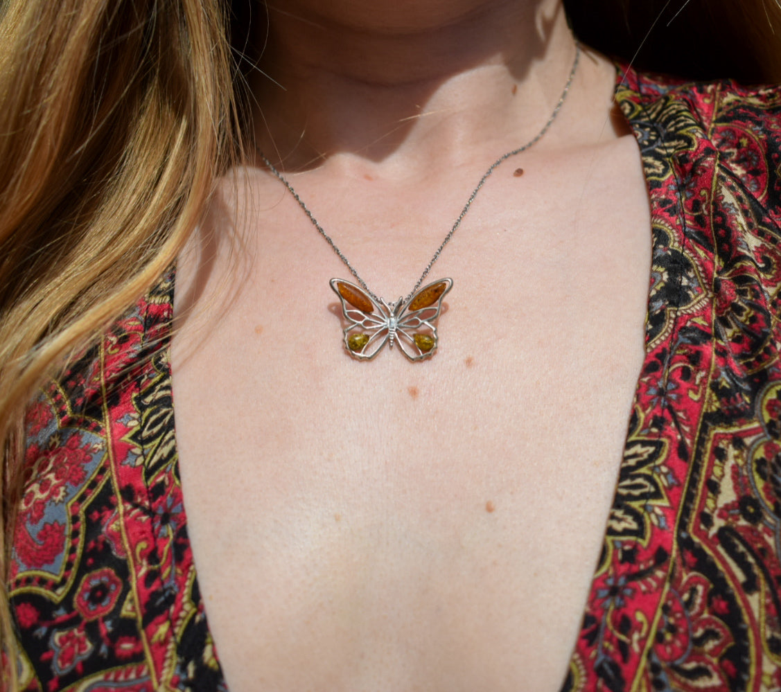 Vintage Amber Butterfly Necklace