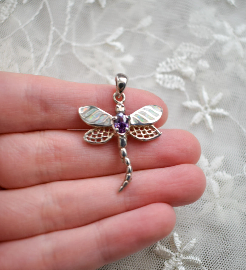 Silver Opal and Amethyst Dragonfly Necklace