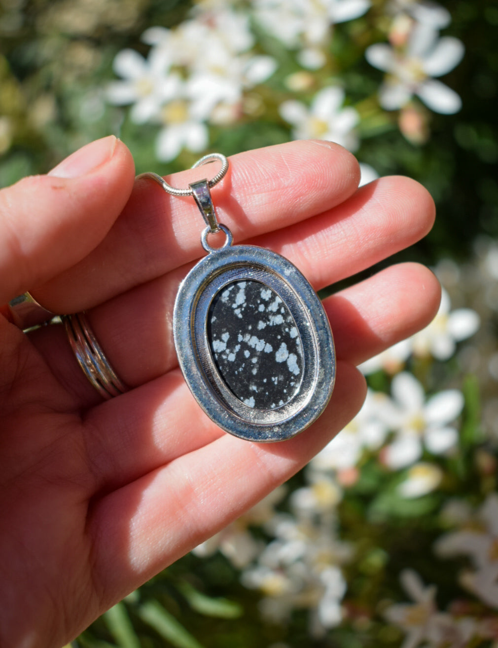 Silver Plated Snowflake Obsidian Necklace