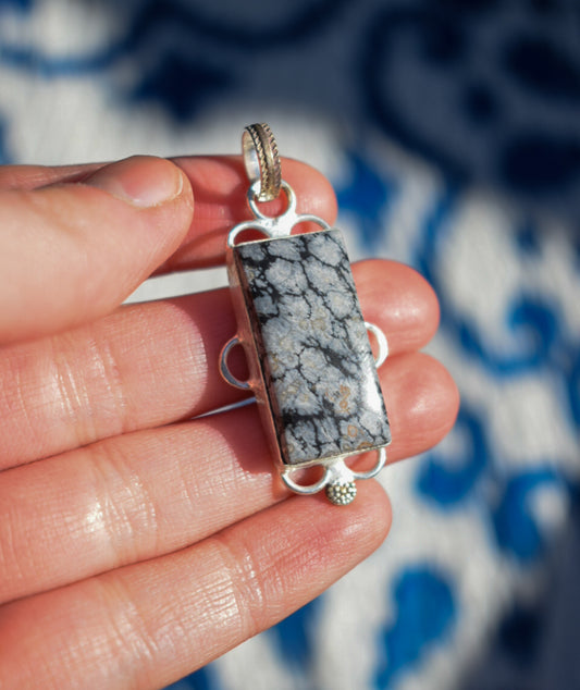Silver Plated Snowflake Obsidian Necklace