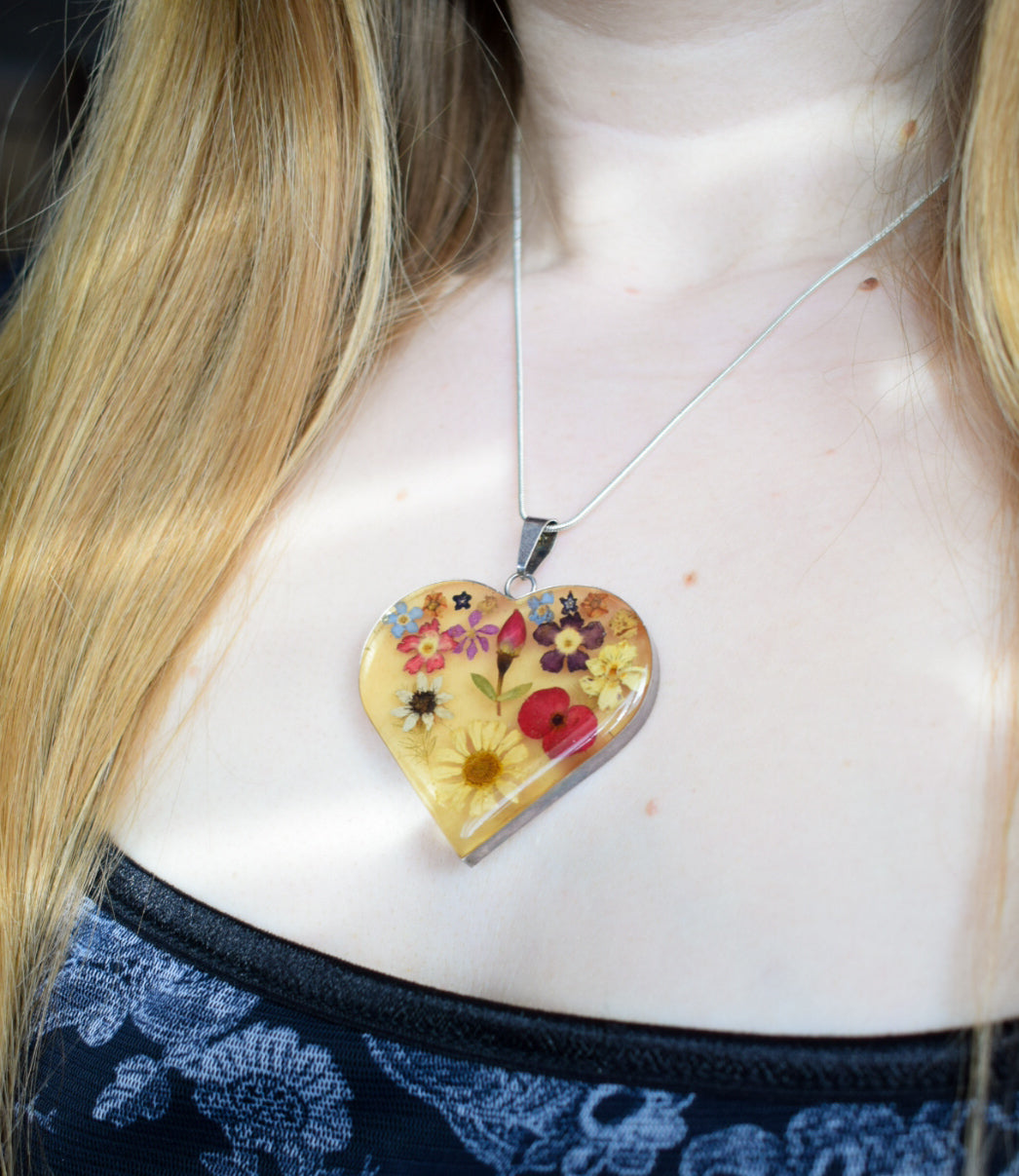 Floral Resin Heart Neckace