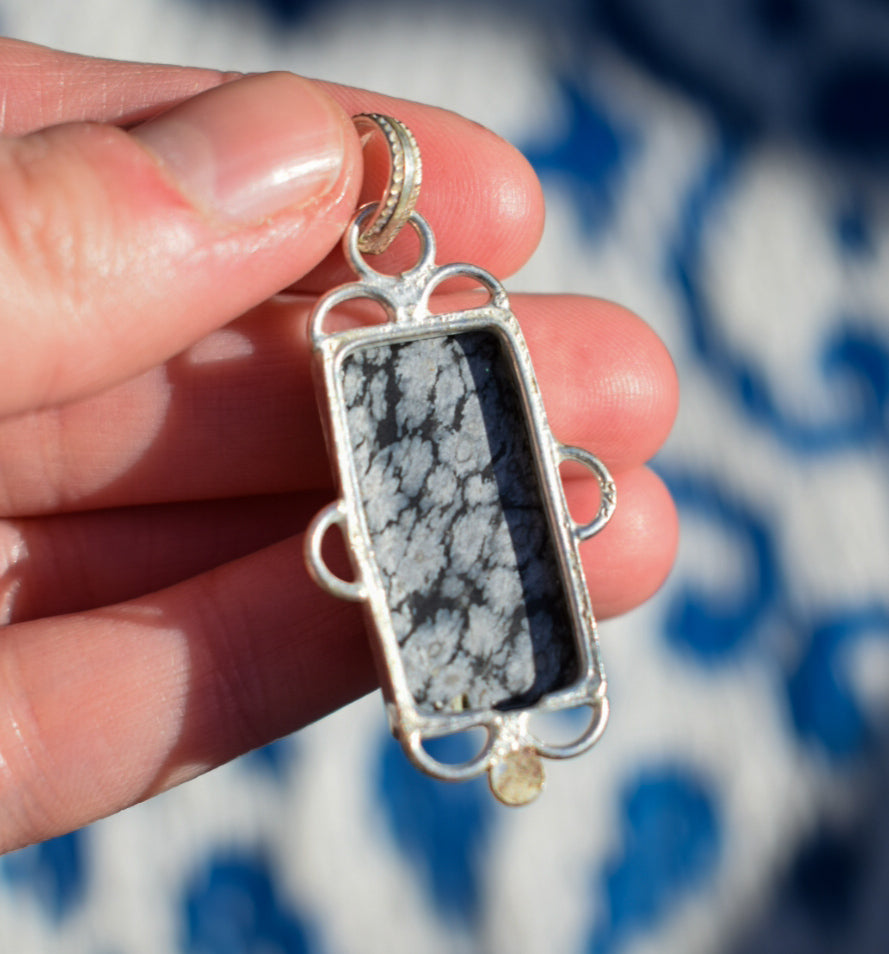 Silver Plated Snowflake Obsidian Necklace