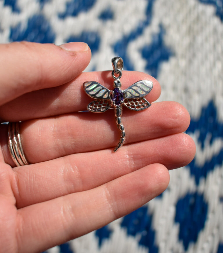 Silver Opal and Amethyst Dragonfly Necklace