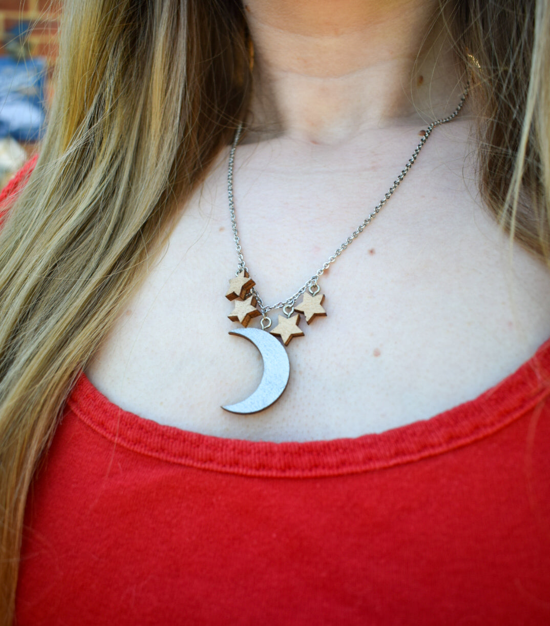 Silver Plated Wooden Moon and Star Necklace