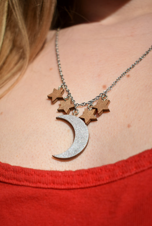 Silver Plated Wooden Moon and Star Necklace