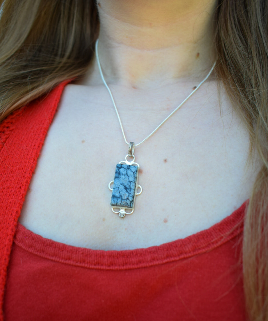 Silver Plated Snowflake Obsidian Necklace