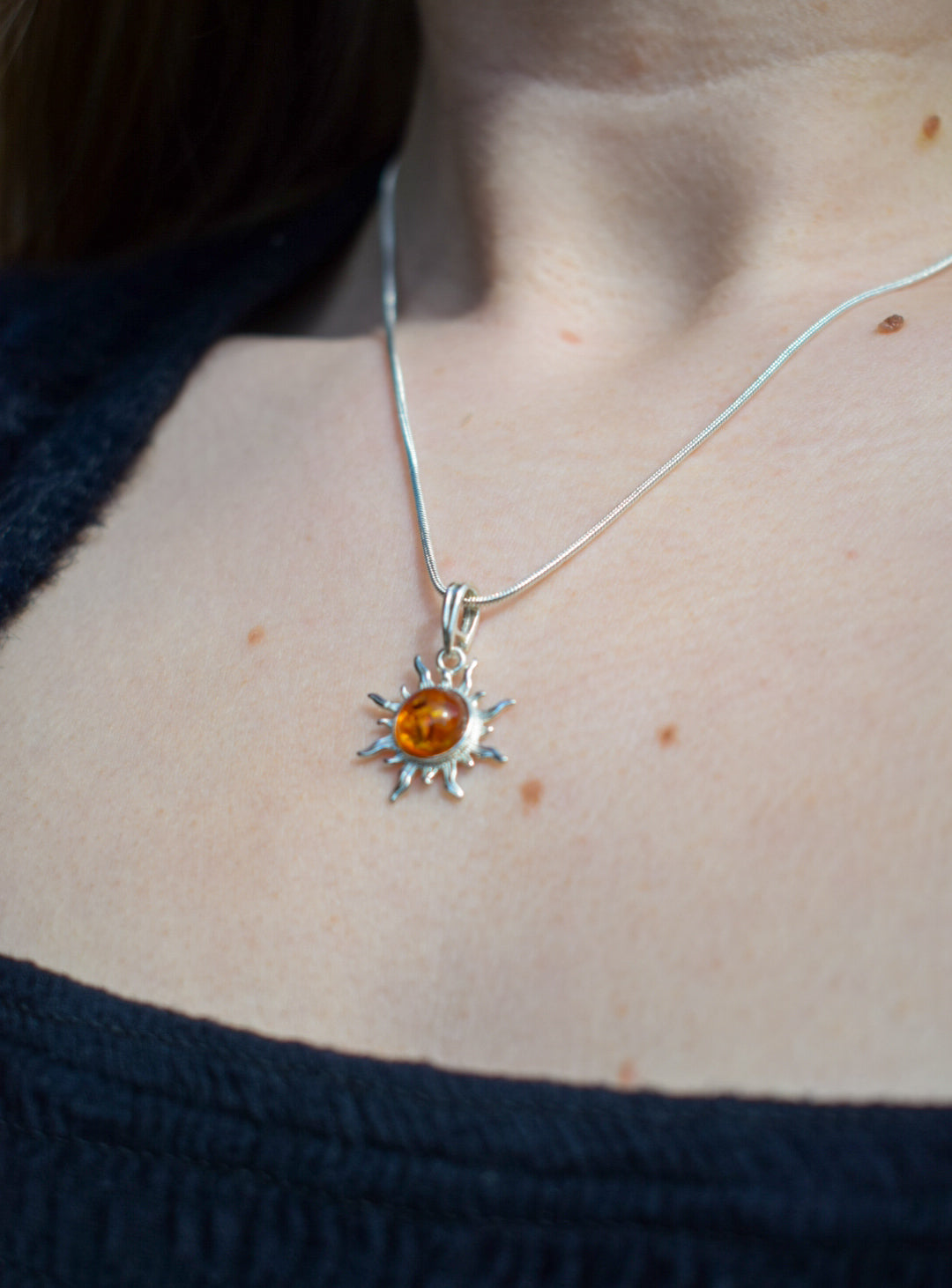 Silver Amber Sun Necklace