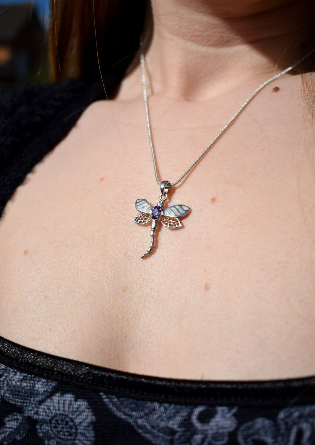 Silver Opal and Amethyst Dragonfly Necklace