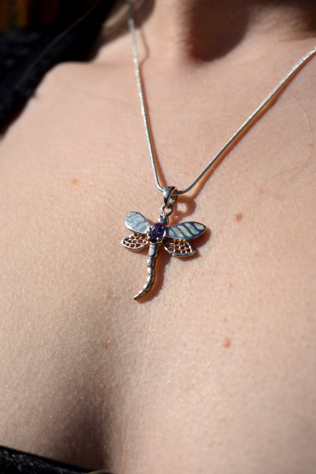 Silver Opal and Amethyst Dragonfly Necklace