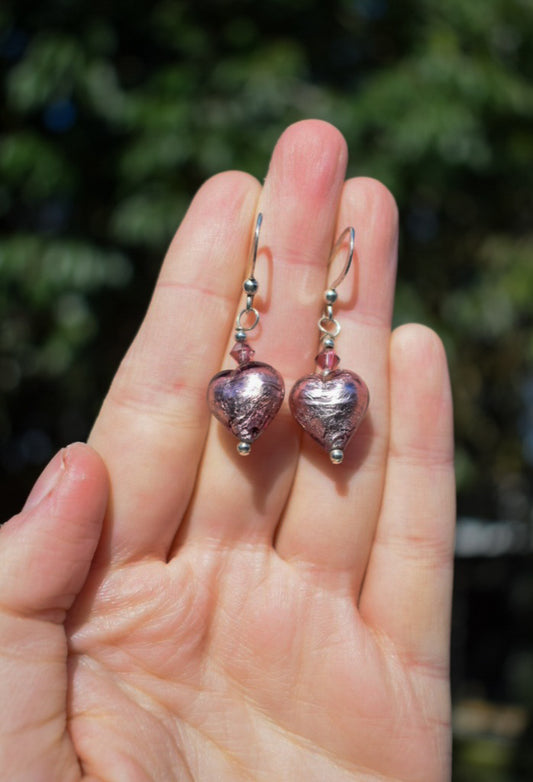 Silver Plated Purple Heart Earrings