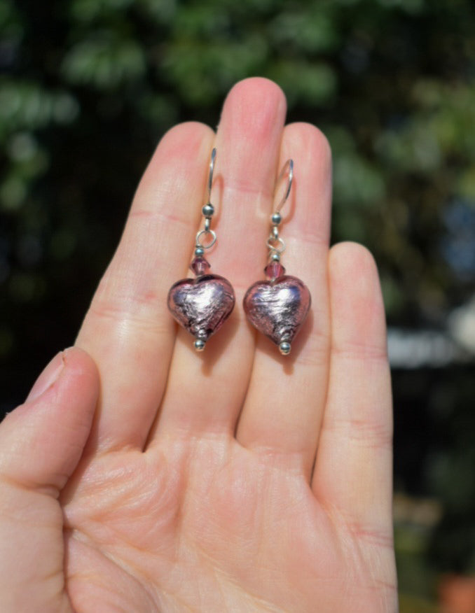 Silver Plated Purple Heart Earrings