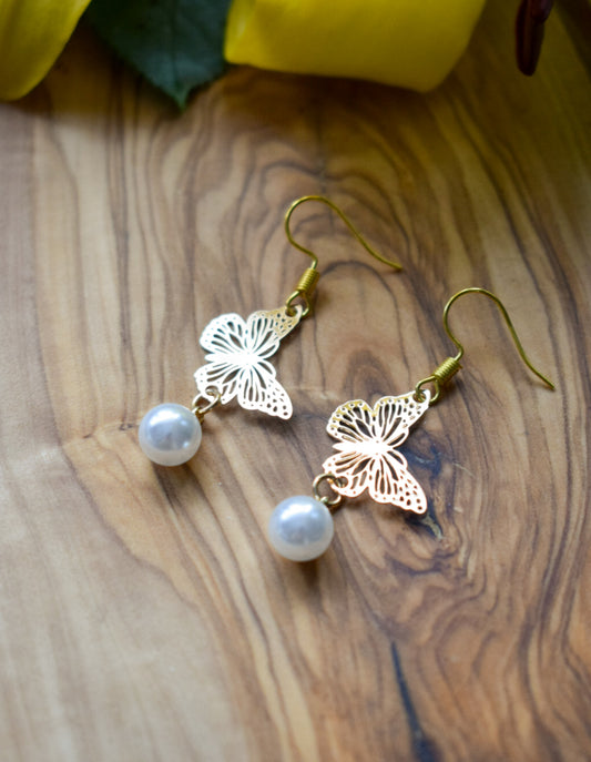 Gold Butterfly Pearl Earrings