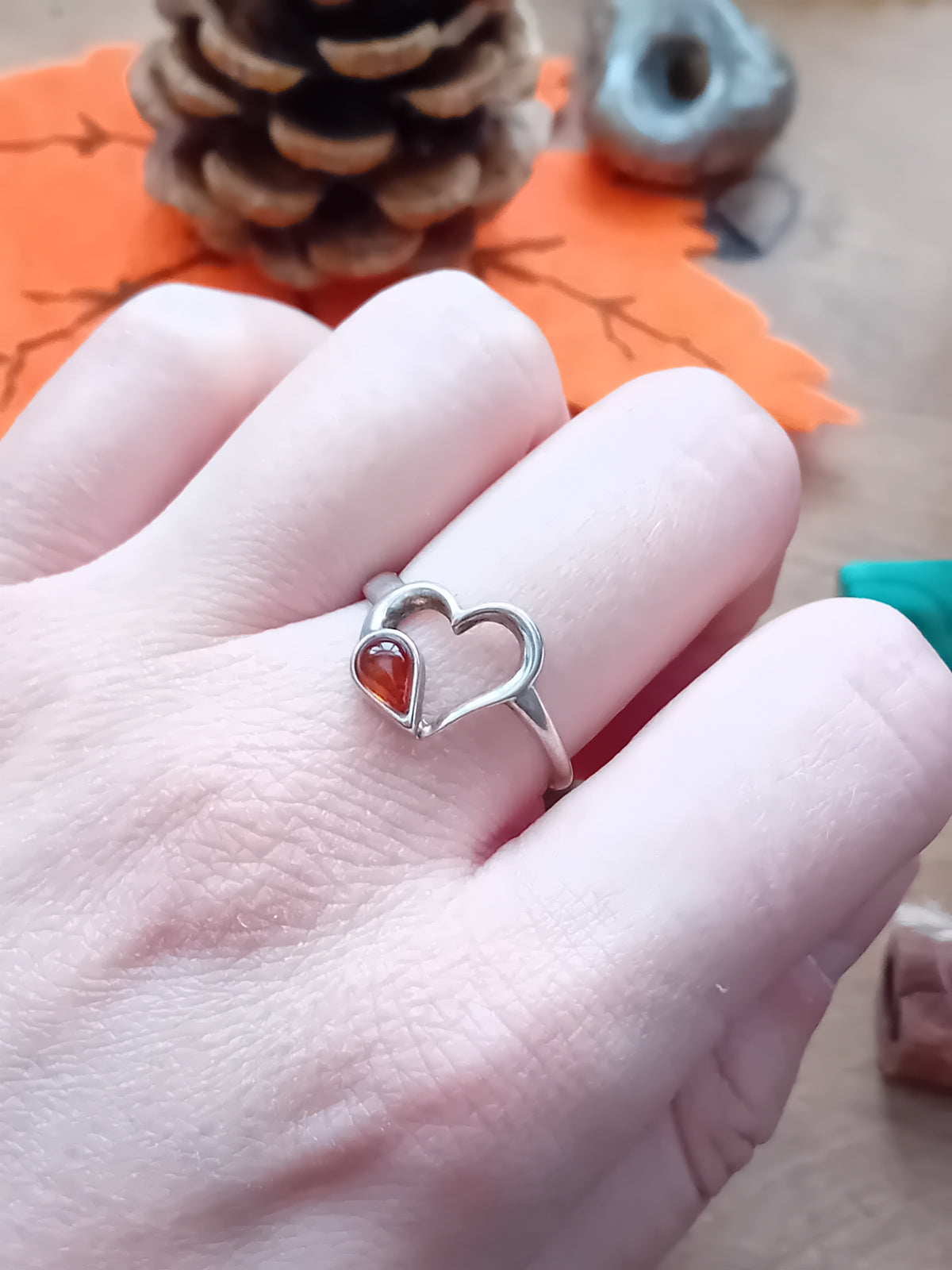 Sterling Silver Amber Heart Ring Size Q