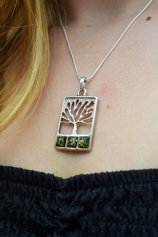 Green Amber Tree of Life Necklace