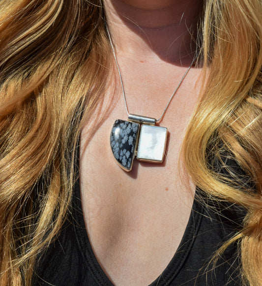 Snowflake Obsidian and Mother Of Pearl Necklace
